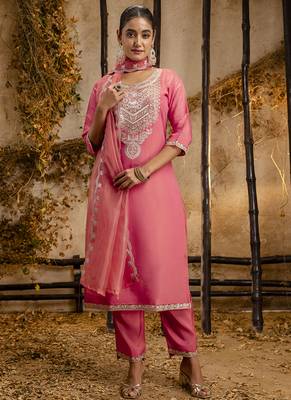 Silk blend pink party wear embroidery work kurta set 1