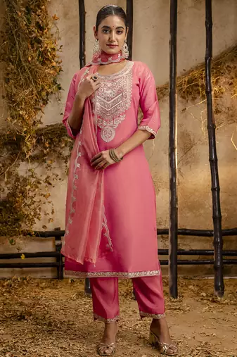 Silk blend pink party wear embroidery work kurta set