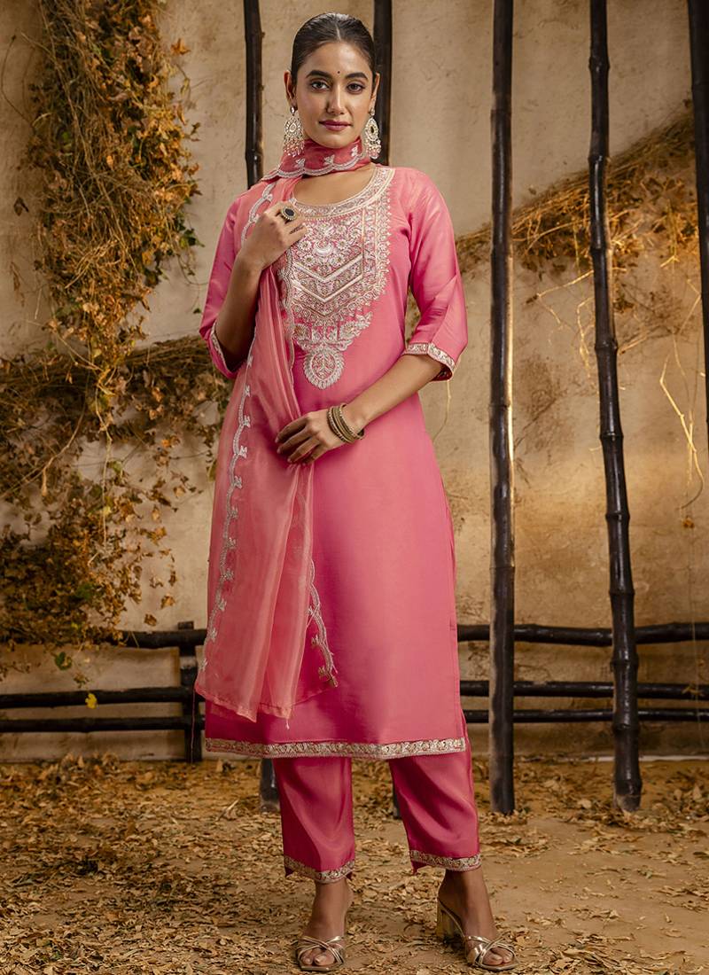 Silk blend pink party wear embroidery work kurta set