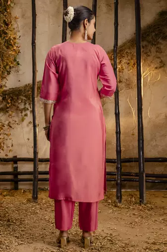 Silk blend pink party wear embroidery work kurta set