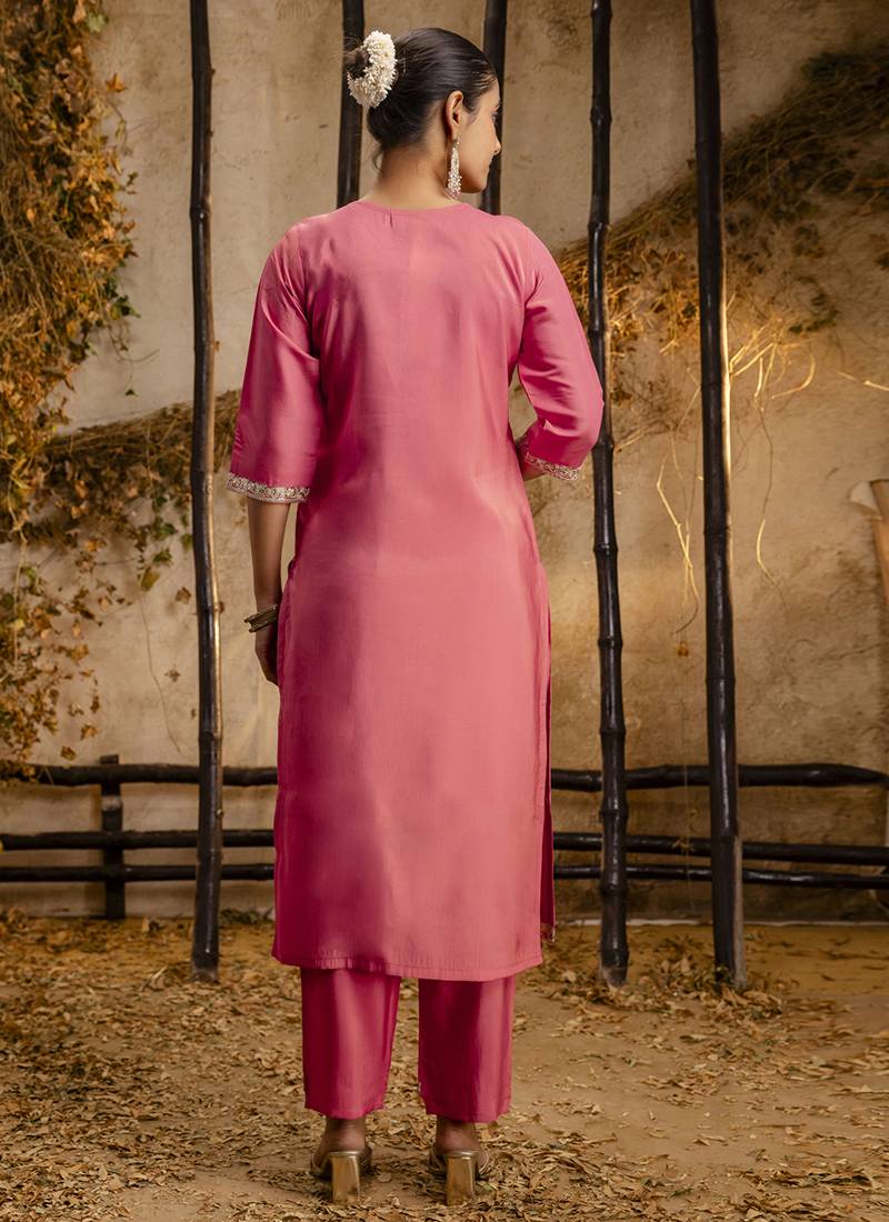 Silk blend pink party wear embroidery work kurta set