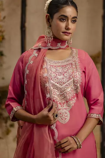 Silk blend pink party wear embroidery work kurta set
