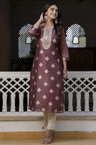 Silk blend peach party wear embroidery work readymade kurti