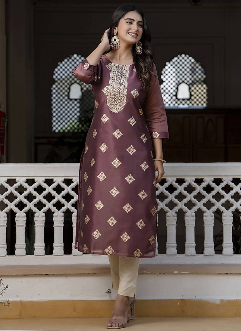 Silk blend peach party wear embroidery work readymade kurti