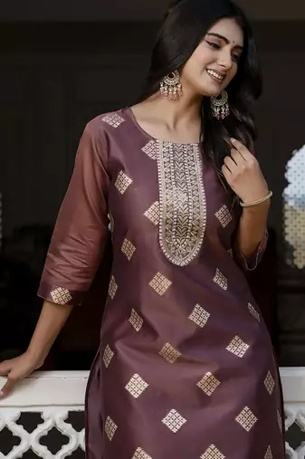 Silk blend peach party wear embroidery work readymade kurti