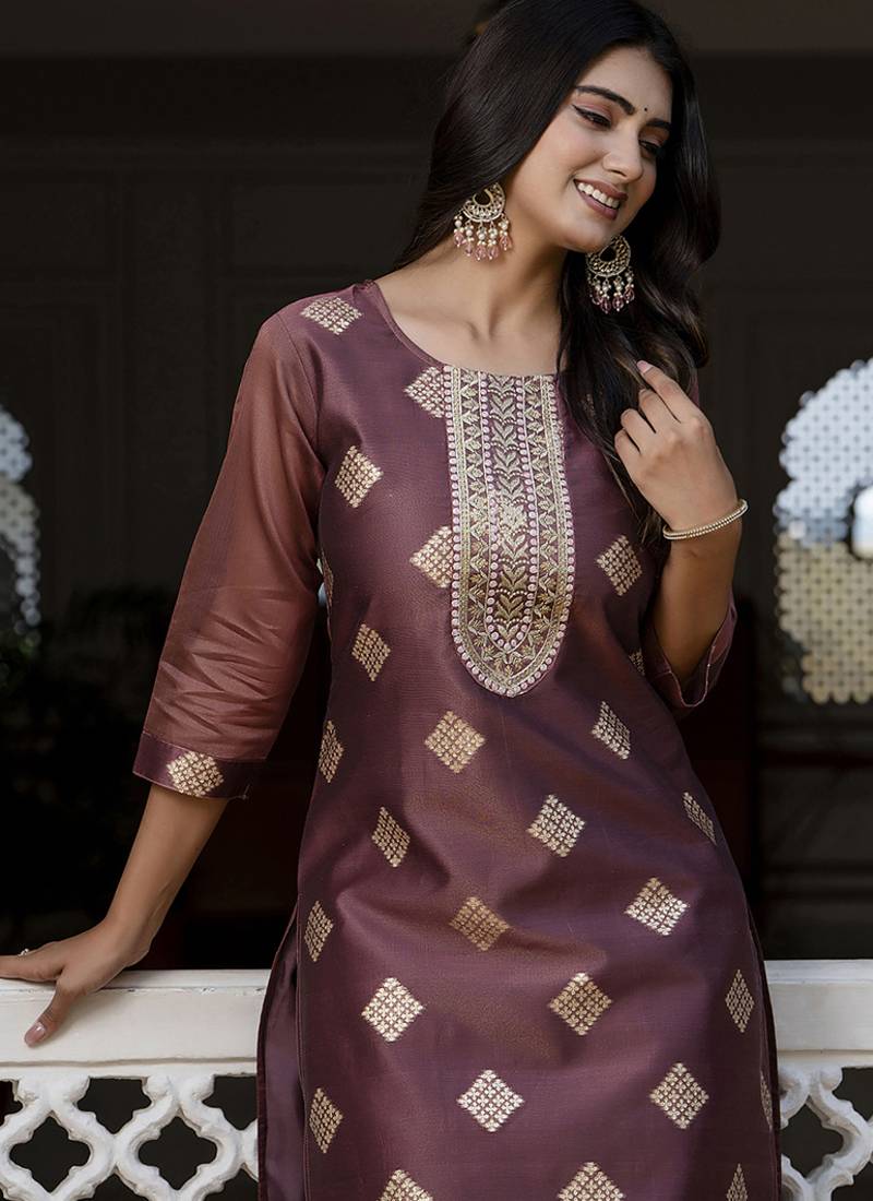 Silk blend peach party wear embroidery work readymade kurti