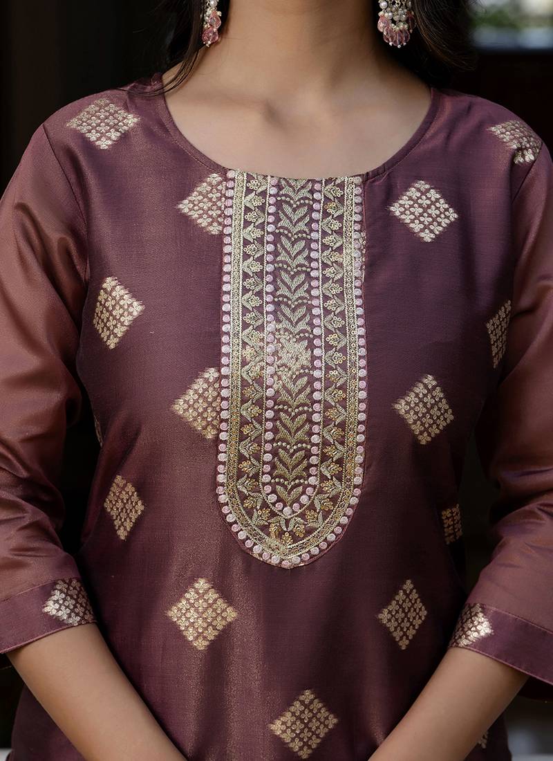 Silk blend peach party wear embroidery work readymade kurti