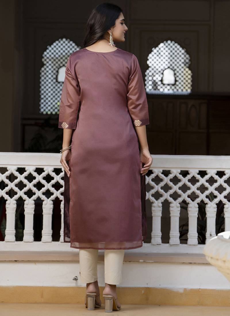 Silk blend peach party wear embroidery work readymade kurti