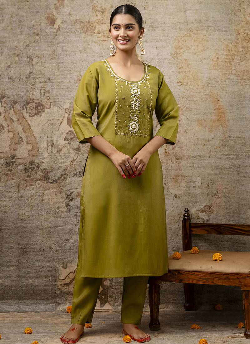 Shimmer silk baby pink casual wear hand work kurta set