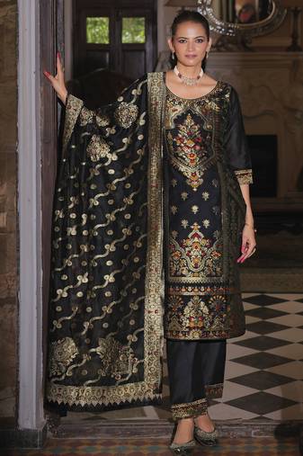 Jacquard silk black party wear embroidery work kurta set