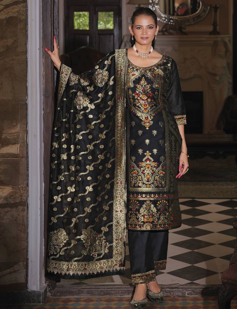 Jacquard silk black party wear embroidery work kurta set