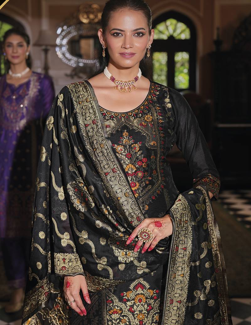 Jacquard silk black party wear embroidery work kurta set