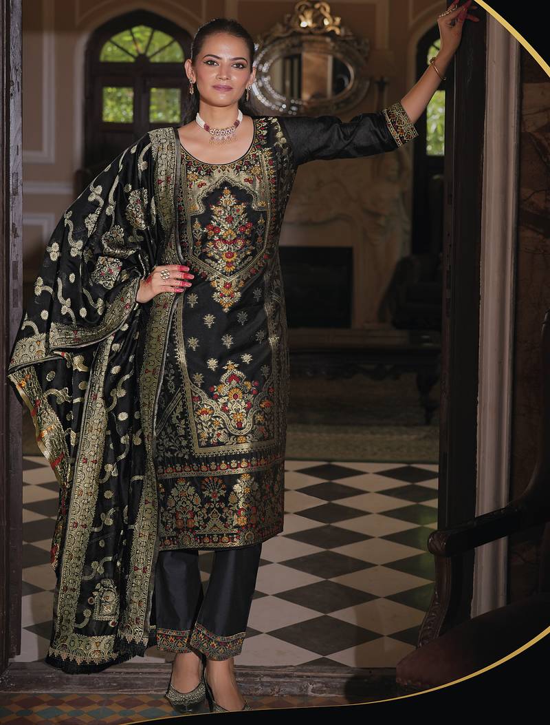 Jacquard silk black party wear embroidery work kurta set