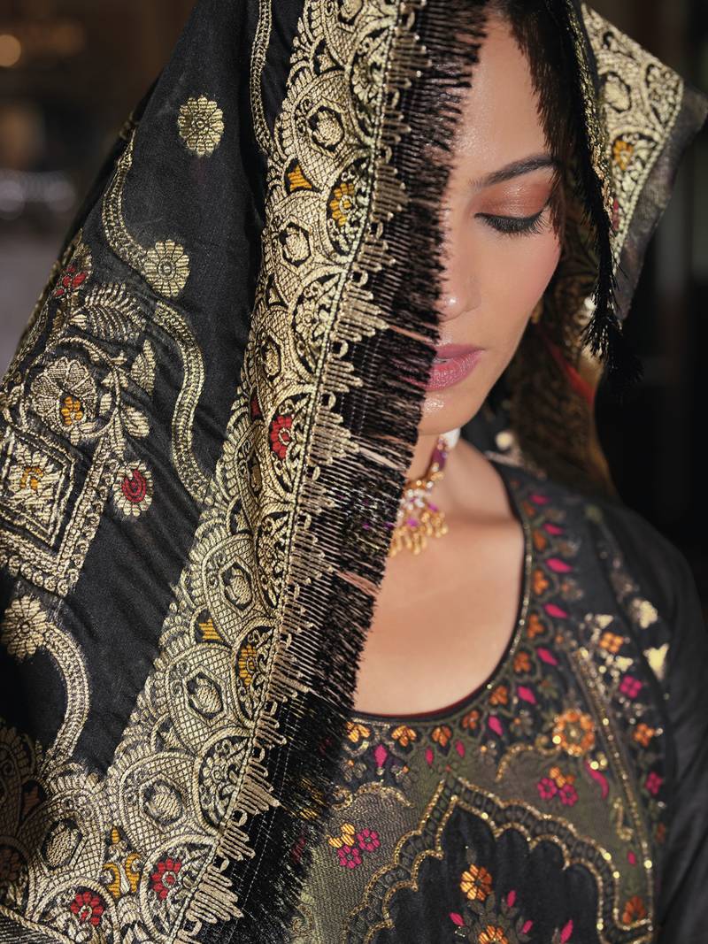 Jacquard silk black party wear embroidery work kurta set