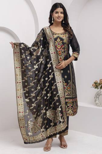 Jacquard silk black party wear embroidery work kurta set