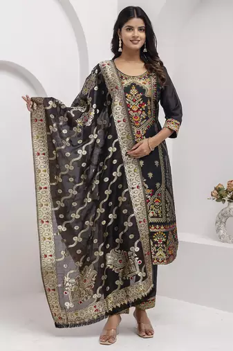 Jacquard silk black party wear embroidery work kurta set