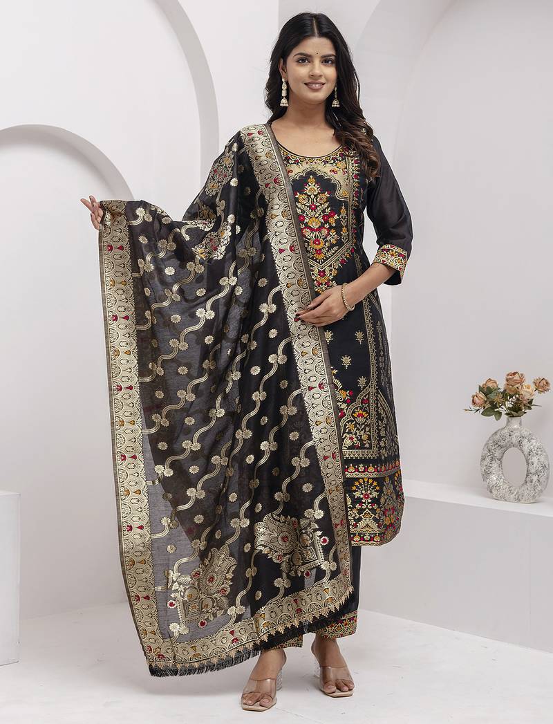 Jacquard silk black party wear embroidery work kurta set