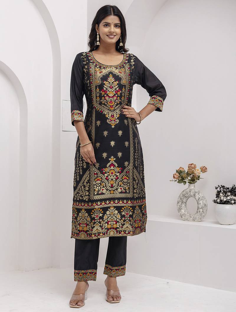 Jacquard silk black party wear embroidery work kurta set