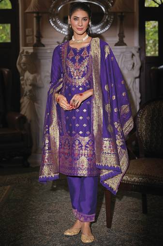Jacquard silk royal blue party wear embroidery work kurta set
