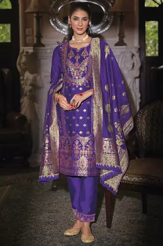 Jacquard silk royal blue party wear embroidery work kurta set