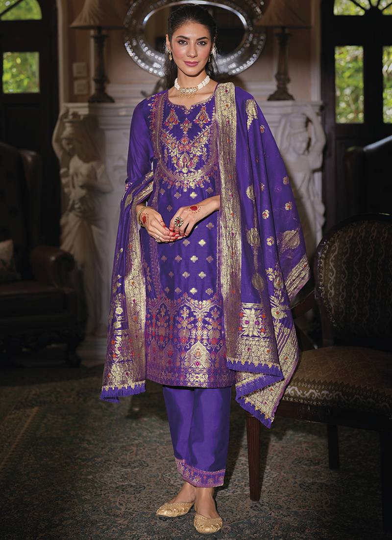 Jacquard silk royal blue party wear embroidery work kurta set