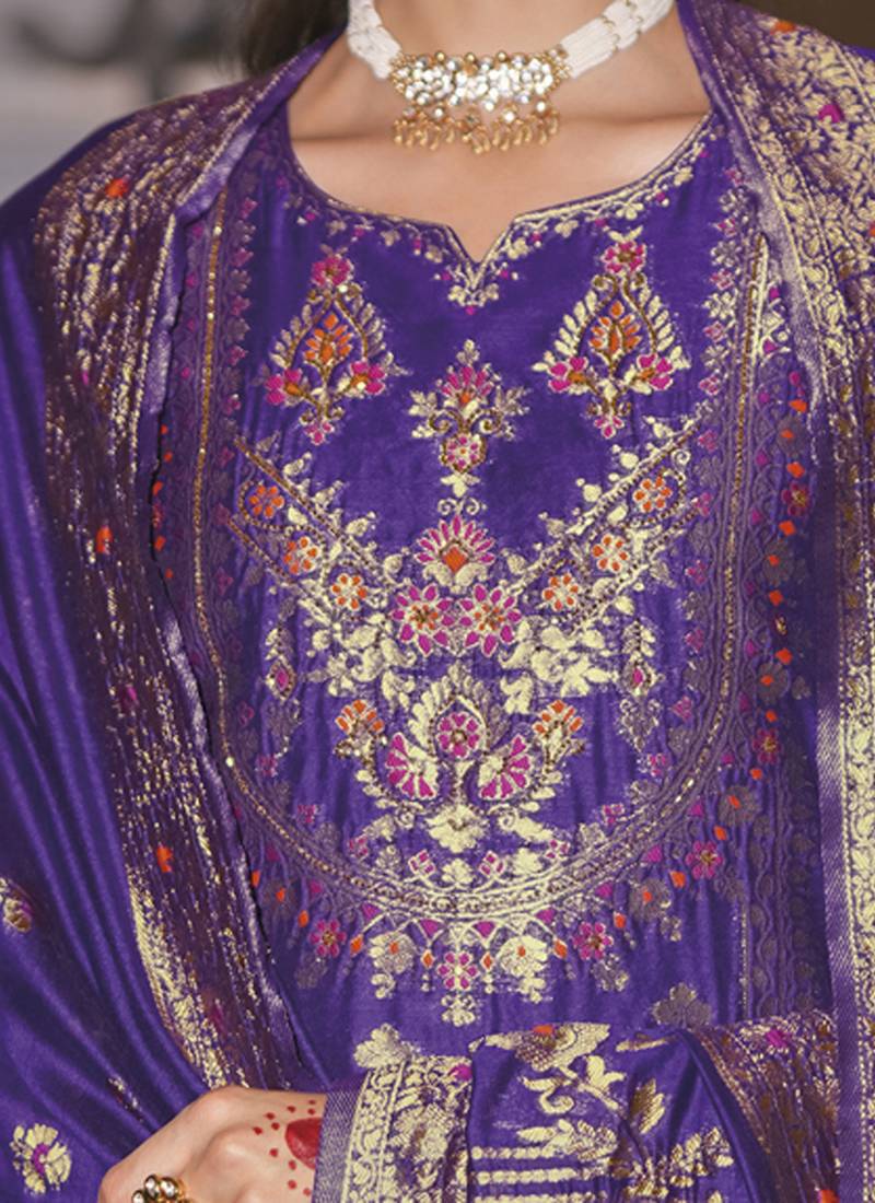 Jacquard silk royal blue party wear embroidery work kurta set