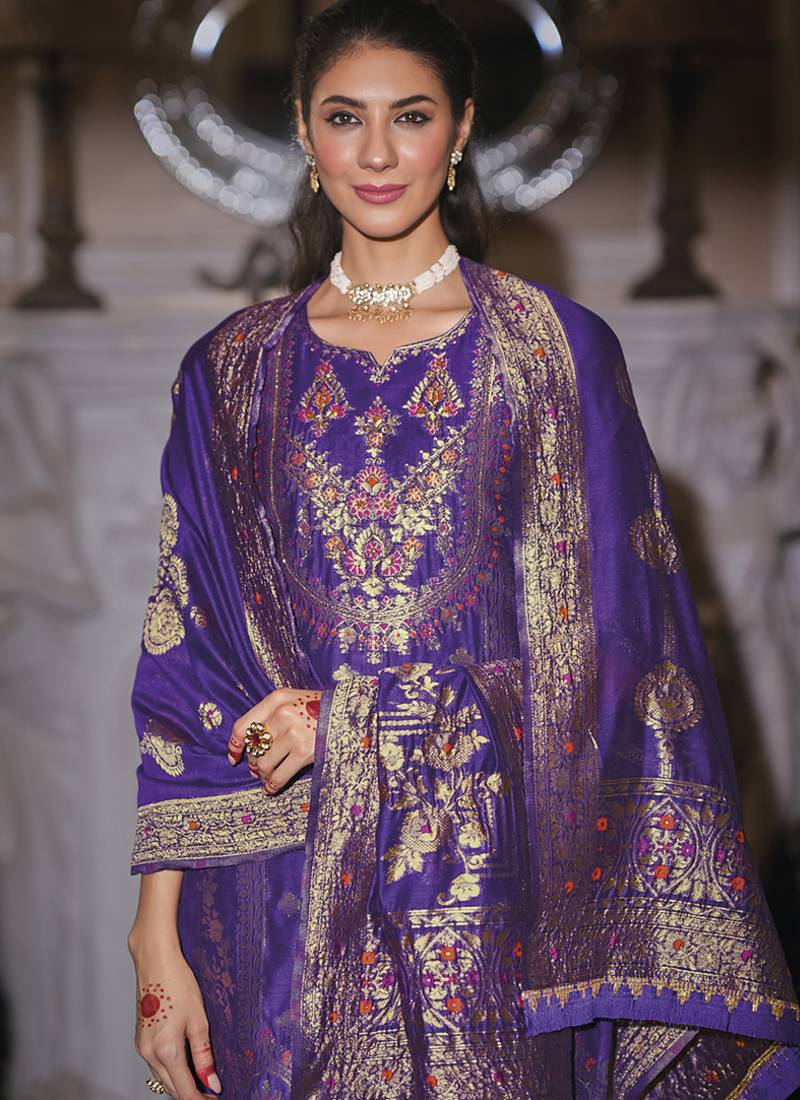 Jacquard silk royal blue party wear embroidery work kurta set