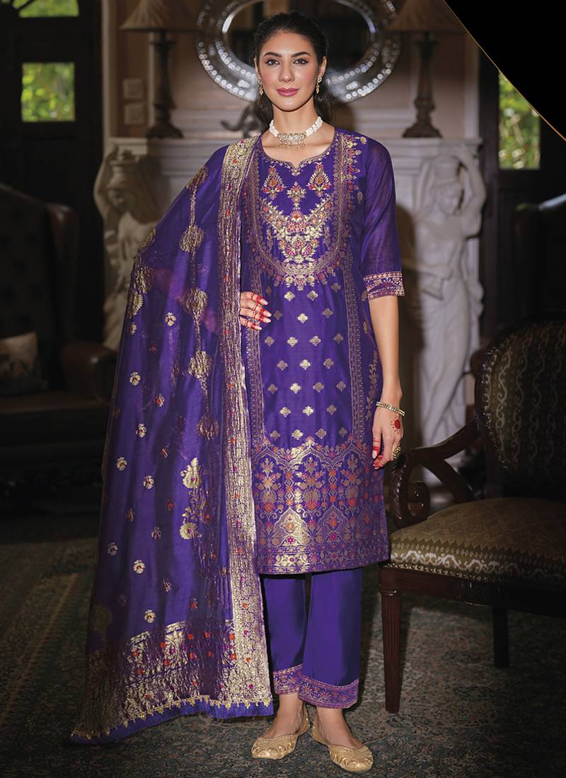 Jacquard silk royal blue party wear embroidery work kurta set
