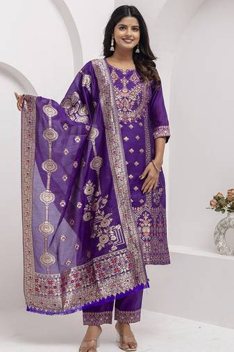 Jacquard silk royal blue party wear embroidery work kurta set
