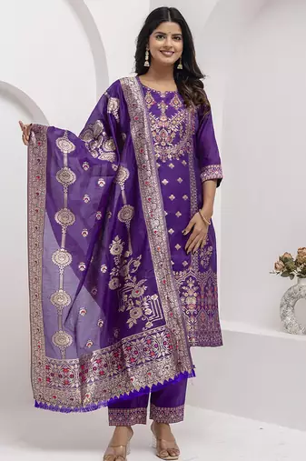 Jacquard silk royal blue party wear embroidery work kurta set