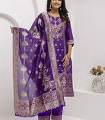 Jacquard silk royal blue party wear embroidery work kurta set