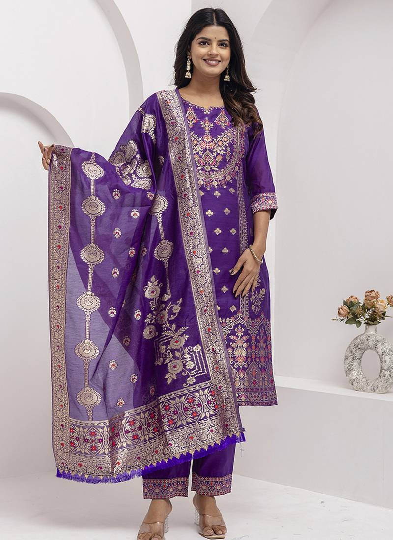 Jacquard silk royal blue party wear embroidery work kurta set