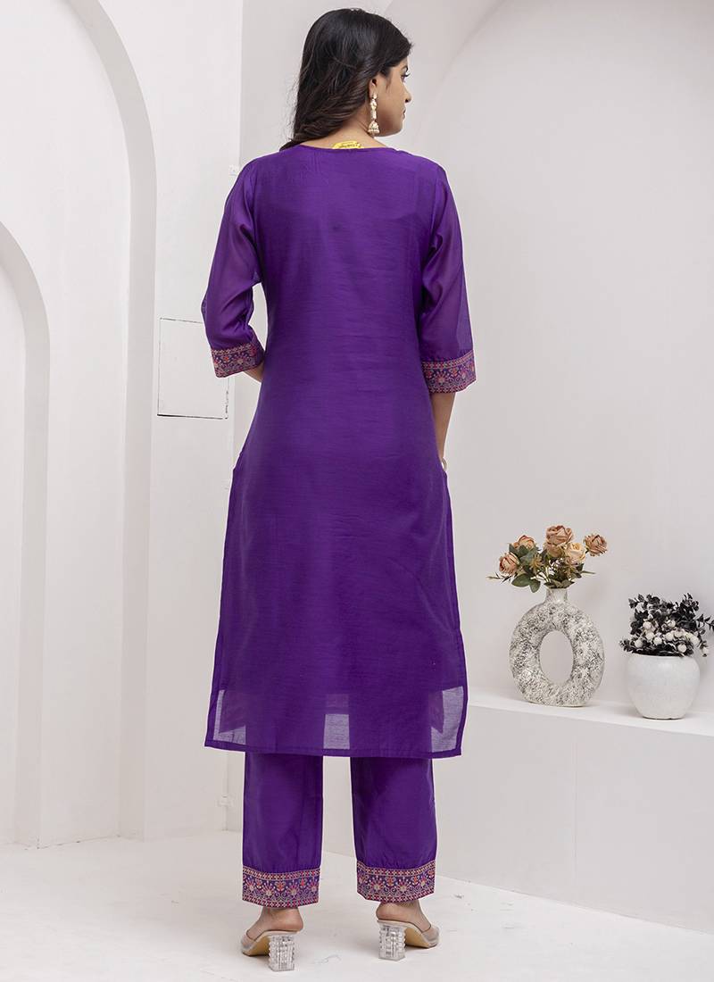 Jacquard silk royal blue party wear embroidery work kurta set