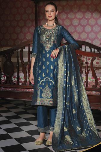 Jacquard silk teal party wear embroidery work kurta set