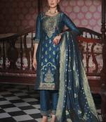 Jacquard silk teal party wear embroidery work kurta set