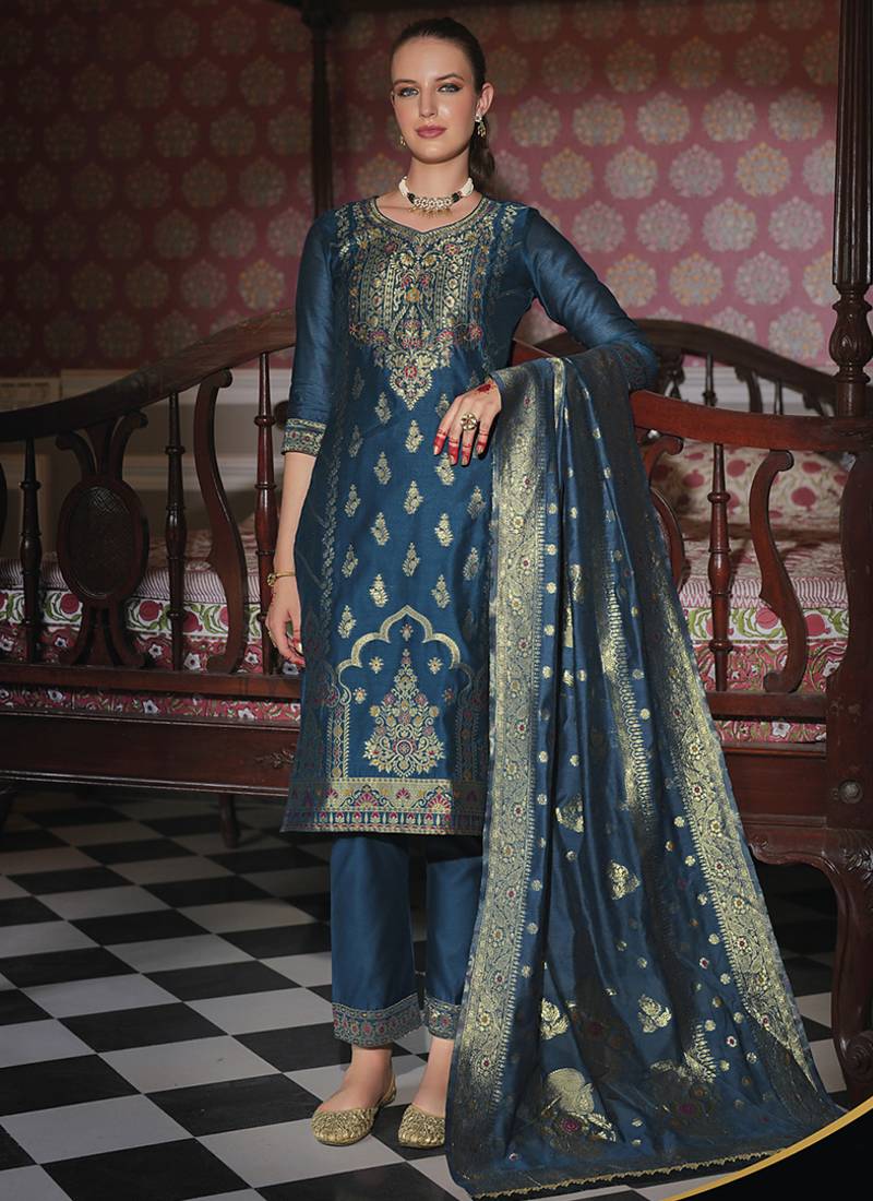 Jacquard silk teal party wear embroidery work kurta set