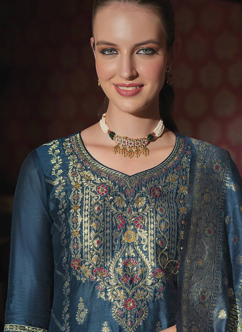 Jacquard silk teal party wear embroidery work kurta set