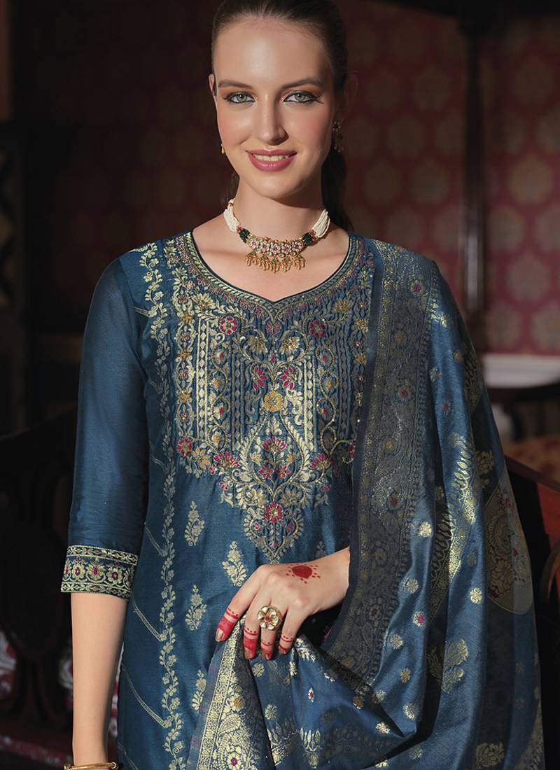 Jacquard silk teal party wear embroidery work kurta set