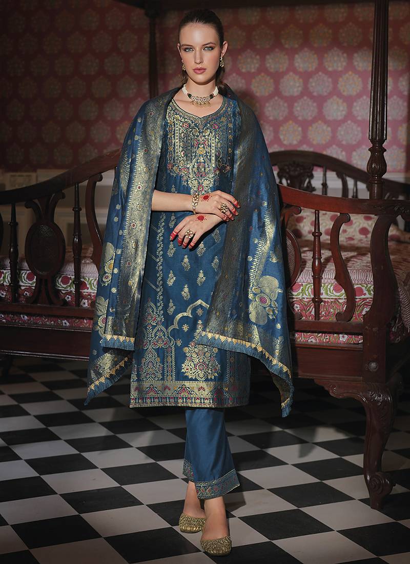 Jacquard silk teal party wear embroidery work kurta set