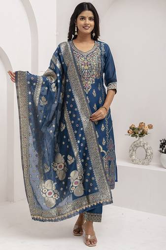 Jacquard silk teal blue party wear embroidery work kurta set