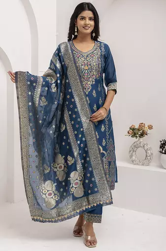 Jacquard silk teal blue party wear embroidery work kurta set