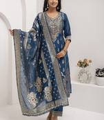 Jacquard silk teal blue party wear embroidery work kurta set