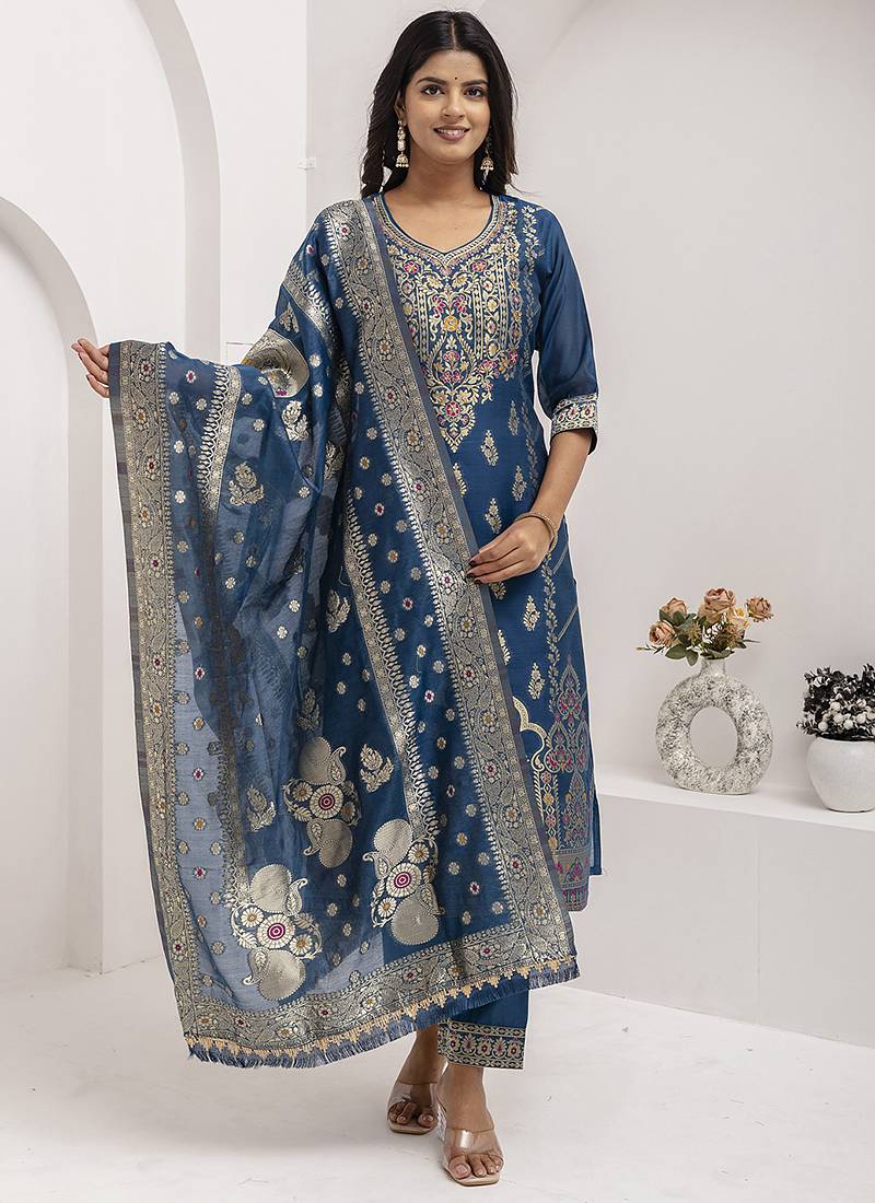 Jacquard silk teal blue party wear embroidery work kurta set