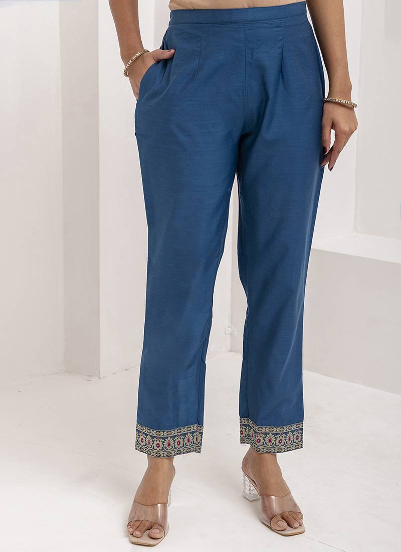 Jacquard silk teal blue party wear embroidery work kurta set