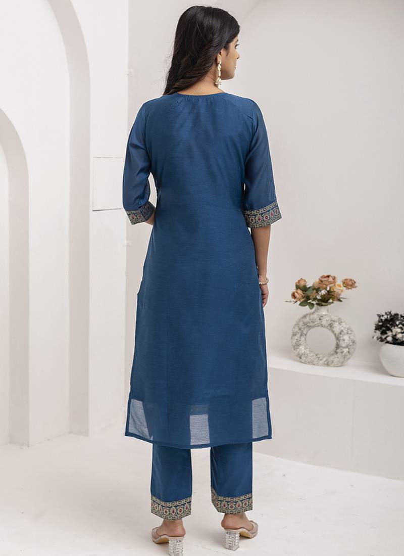 Jacquard silk teal blue party wear embroidery work kurta set