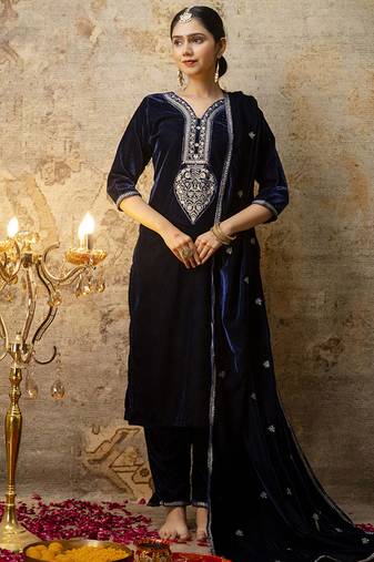 Velvet blue party wear embroidery work kurta set