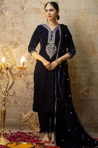 Velvet blue party wear embroidery work kurta set