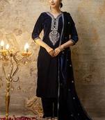 Velvet blue party wear embroidery work kurta set