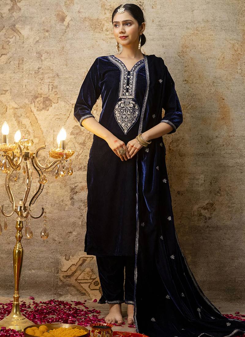 Velvet blue party wear embroidery work kurta set