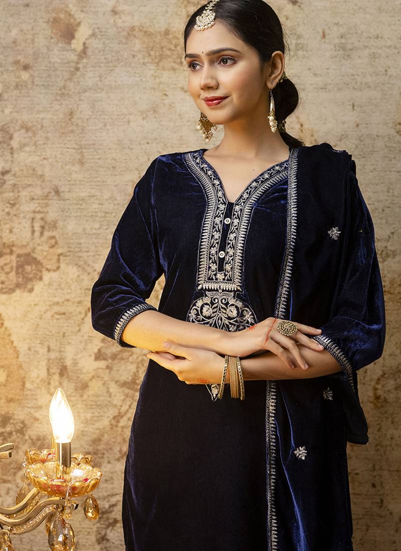 Velvet blue party wear embroidery work kurta set